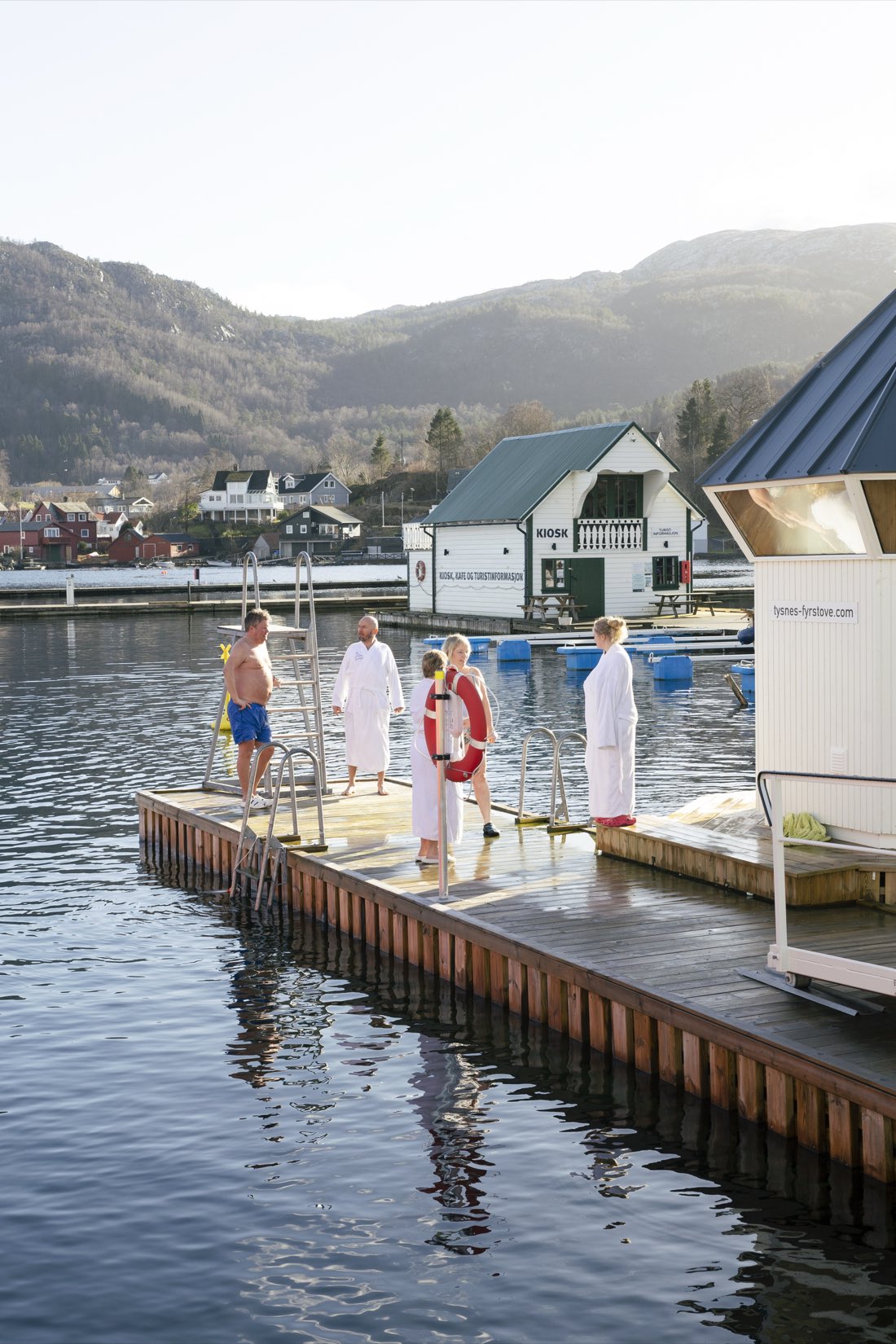 Winter bathers on the jetty outside the sauna